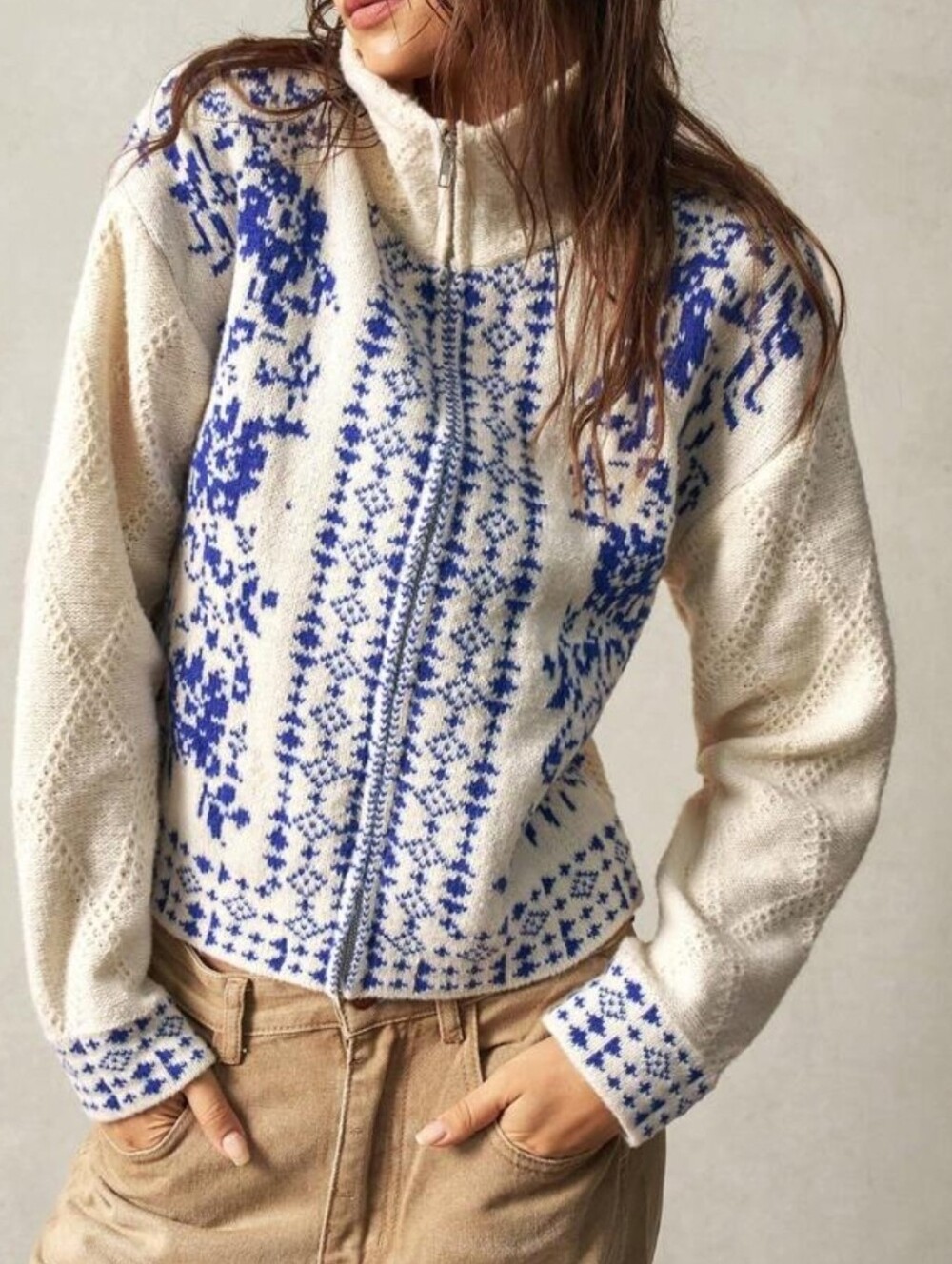 NEW Floral Vintage Look Pointelle Knit Zip Sweater Cardigan Cream Blue